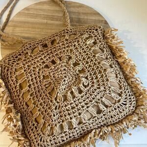 MW Tan Natural Fiber Straw Fringe Raffa Crochet Square Tote Shoulder Bag